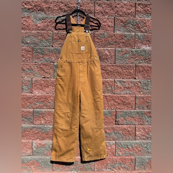 Carhartt Overalls Boys 14 Lined Duck Canvas Double Knee Outdoors Utility Leg Zip - Picture 1 of 11